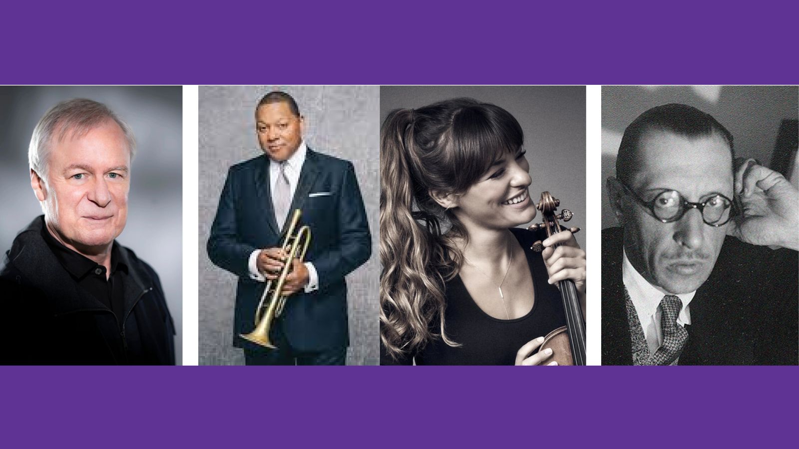 Headshots of musicians on a purple background