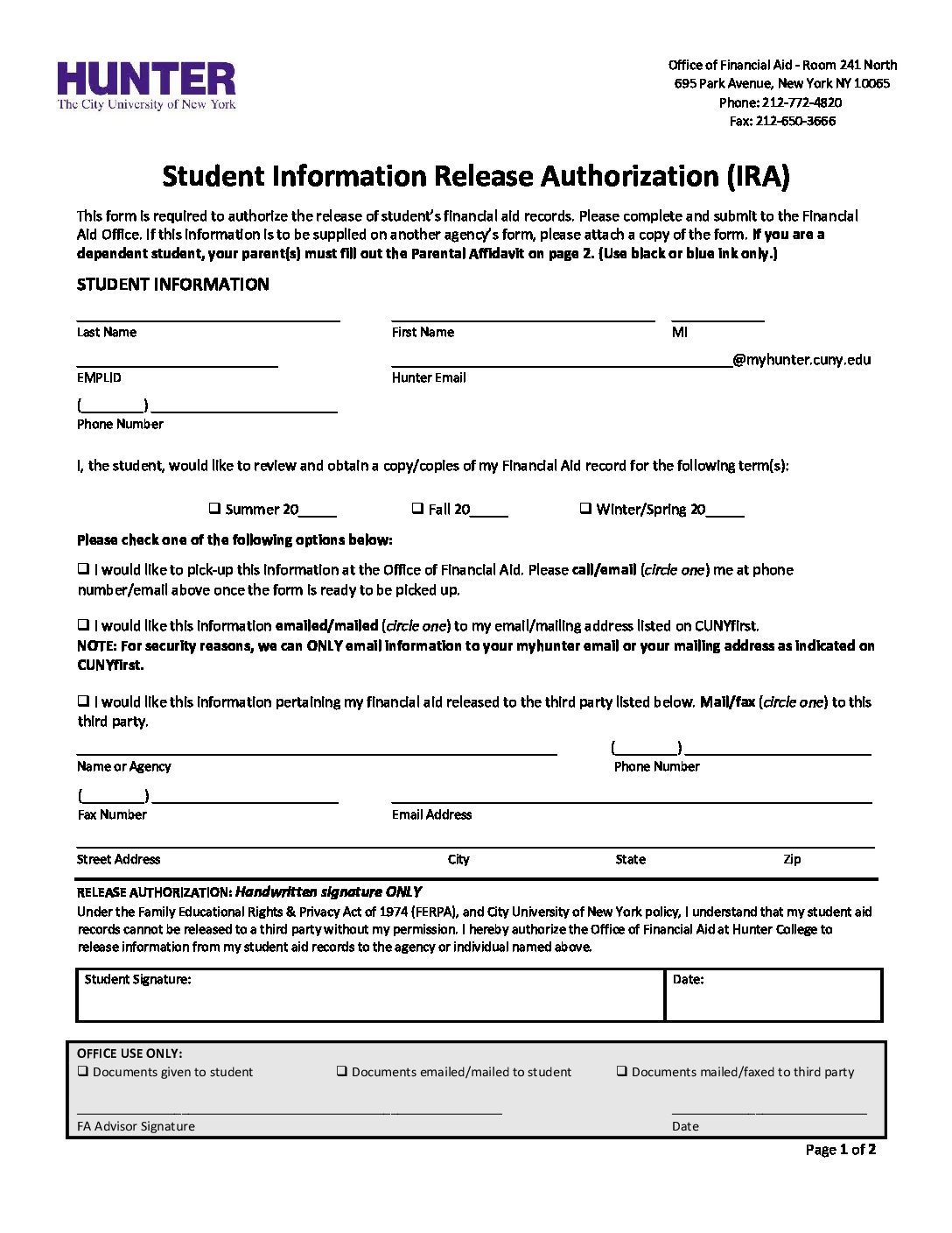 Student Information Release Authorization 2.19.2019 Hunter College