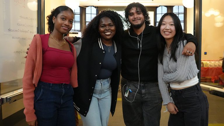 group of hunter students outside of Student Union during welcome week