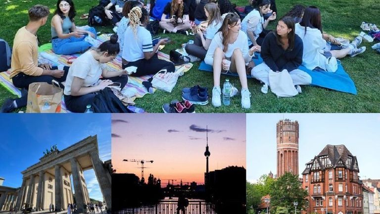 Collage of students sitting in a field and various study abroad destinations.