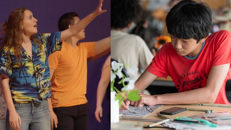 Students on stage next to a photo of a student working.