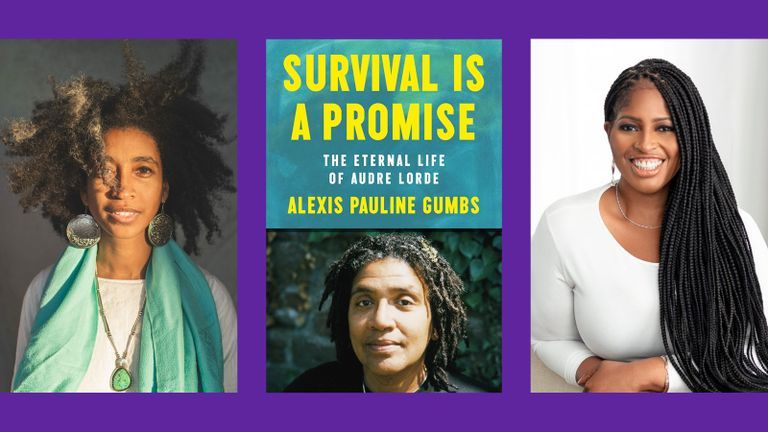 Photo of Alexis Pauline Gumbs, the cover of her book Survival is A Promise, and Mecca Jamilah Sullivan