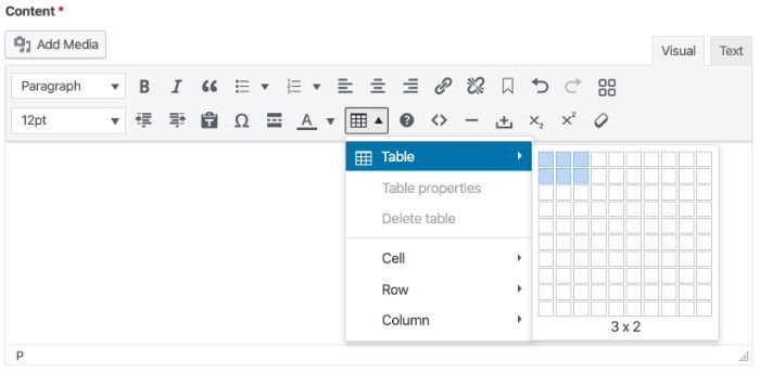 screenshot of where to insert table in cms