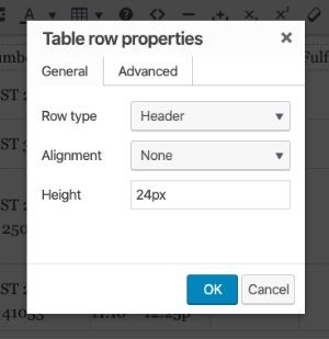 Table row properties module screenshot