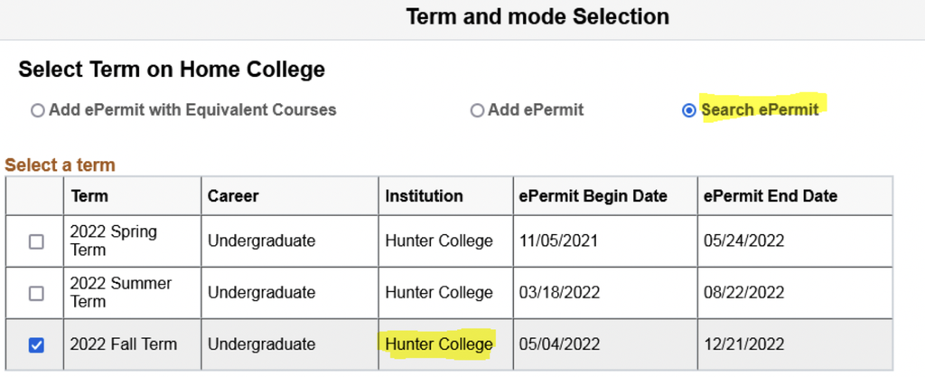 term and mode selection epermit