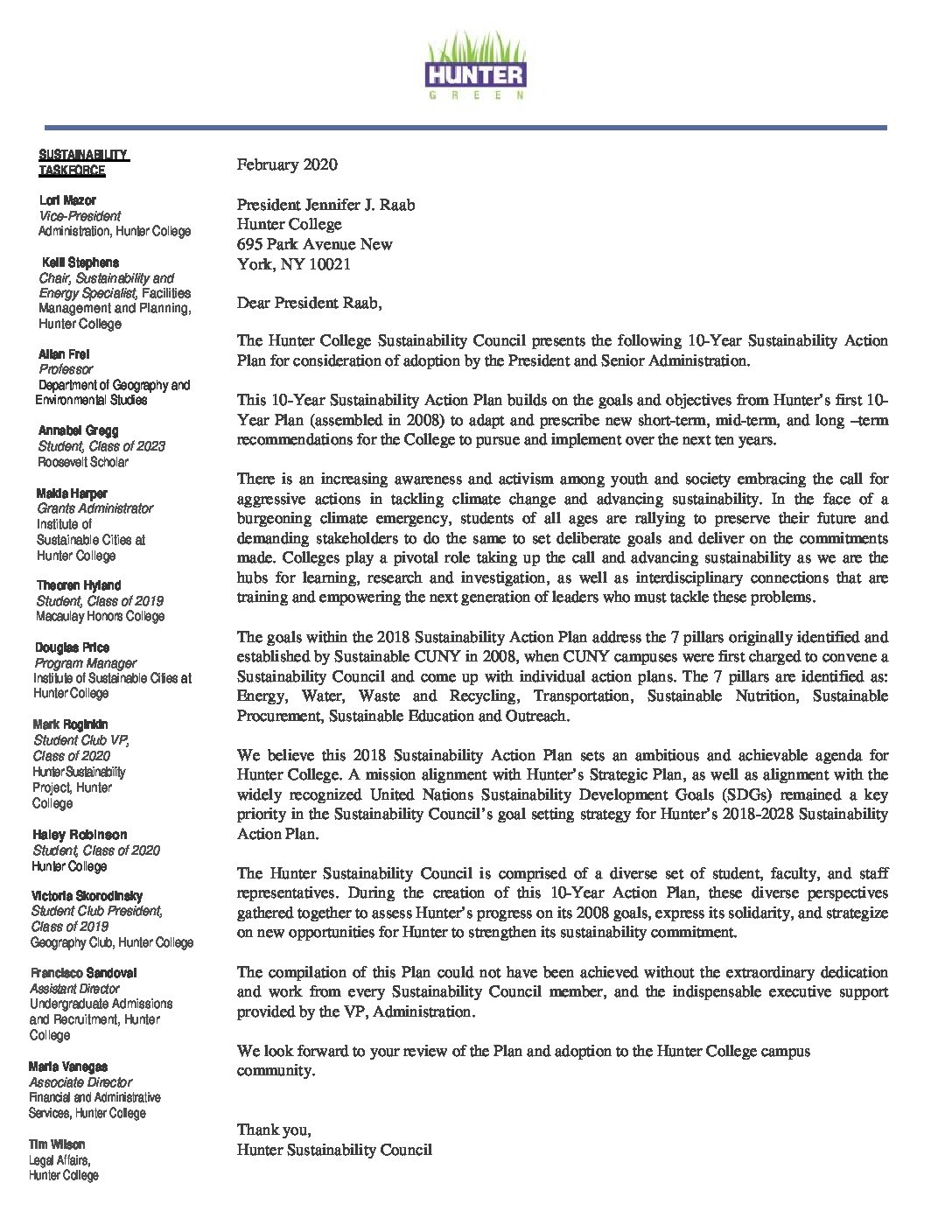 The New 10 Year Sustainability Action Plan Hunter College