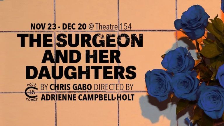The Surgeon and Her Daughters play poster. Black text on orange tile with blue flowers to the right.