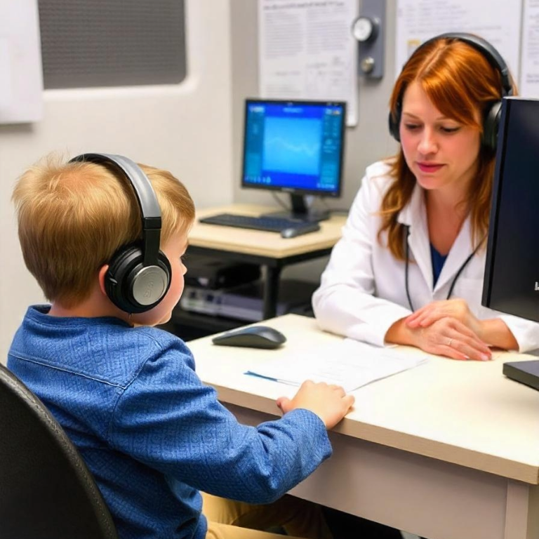 A doctor is with a child. They both have over-the-ear headphones. The women is helping the child with auditory difficulties