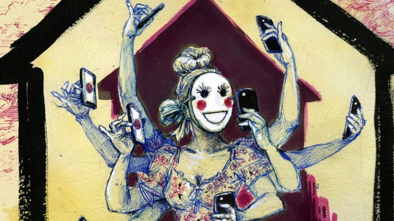Illustration of a woman with many arms holding many cell phones, wearing a mask over her face.