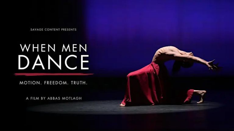 A man dancing in red pants next to the title 